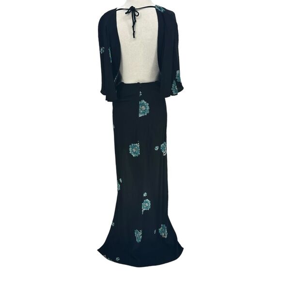 Reformation Escala Aquarelle Floral‎ Black Cape Sleeve Open Back Dress Size 6 - Picture 5 of 11